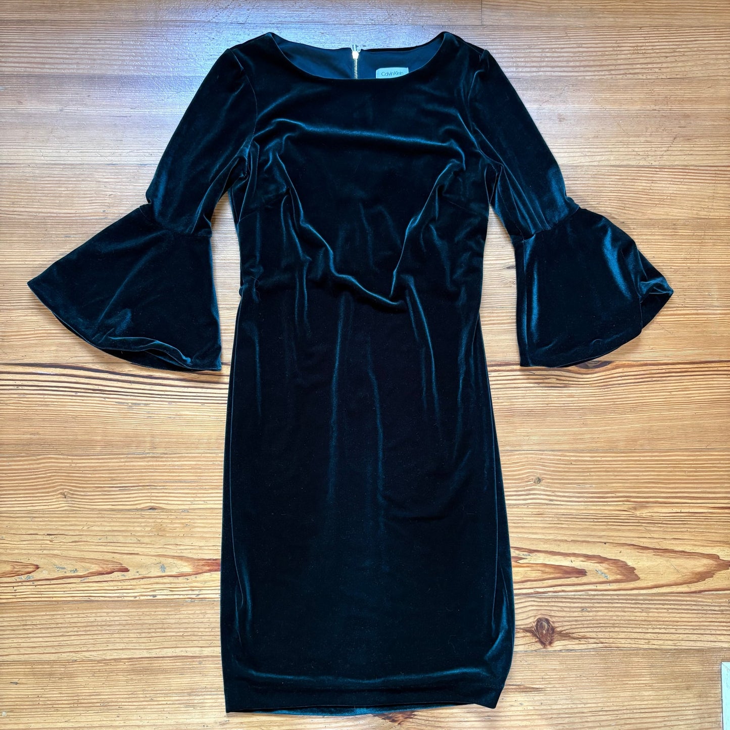 Calvin Klein dark green velvet bell quarter sleeve midi dress SIZE 6