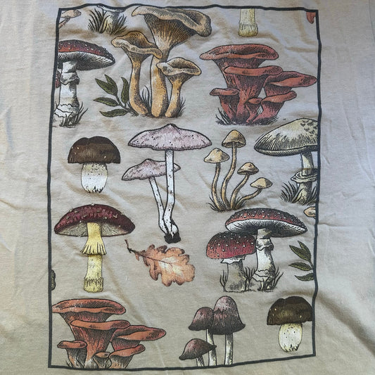 Beige neutral mushroom graphic cotton short sleeve tee shirt SIZE M