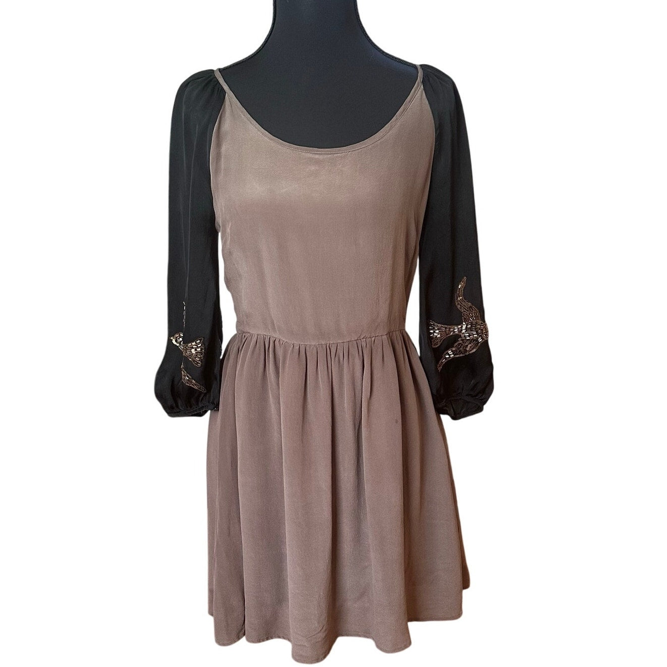 Line & Dot brown black sequin bird applique sheer sleeve silk dress SIZE S