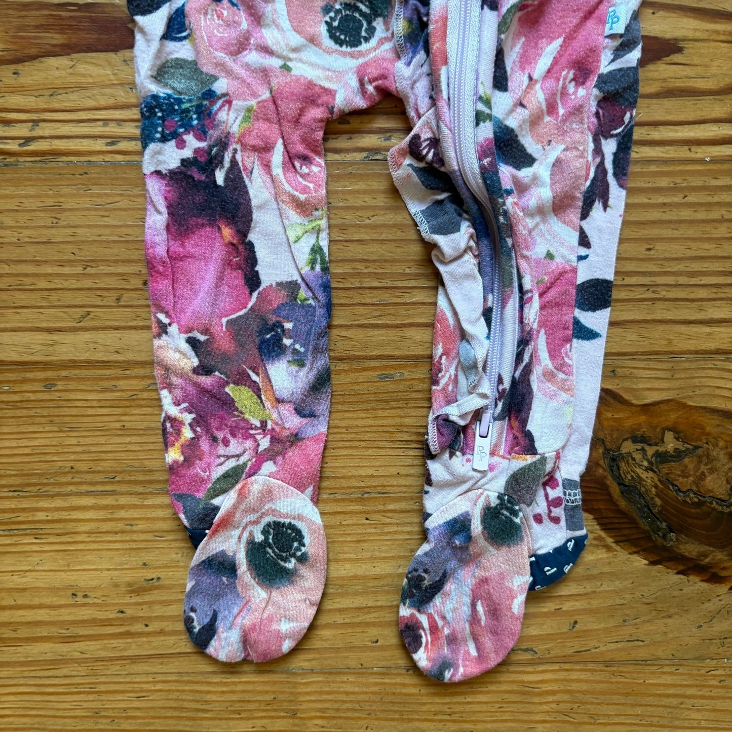 Posh Peanut pink purple floral bamboo full zip footed bodysuit SIZE 3-6M