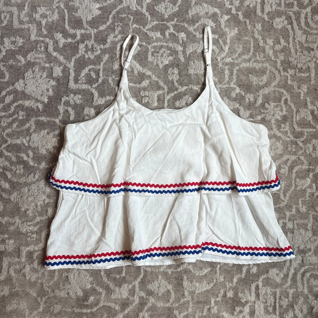 She + Sky white red blue trim tiered ruffle layered strap tank top SIZE L