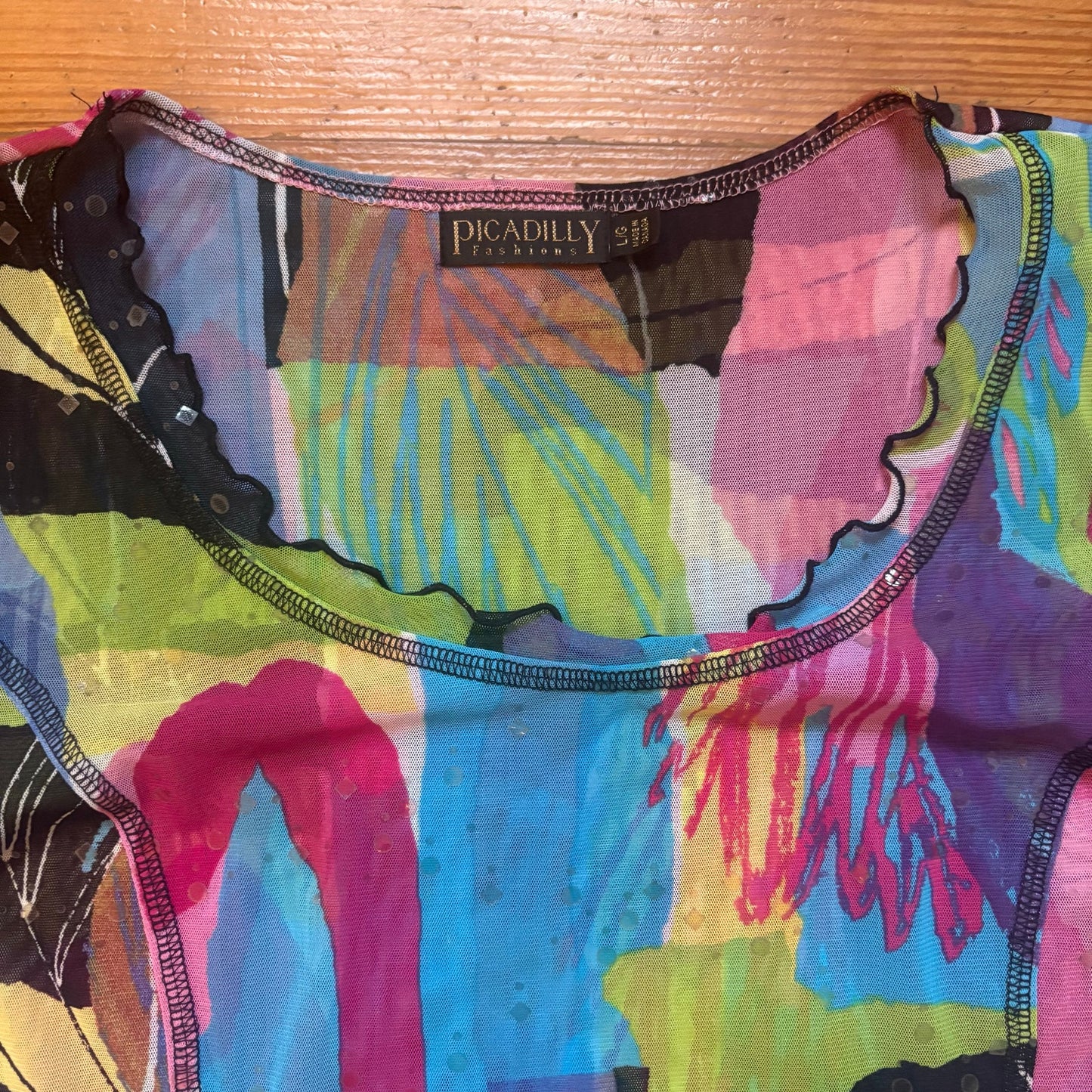 Picadilly Fashions colorful sheer quarter sleeve sequin blouse SIZE L