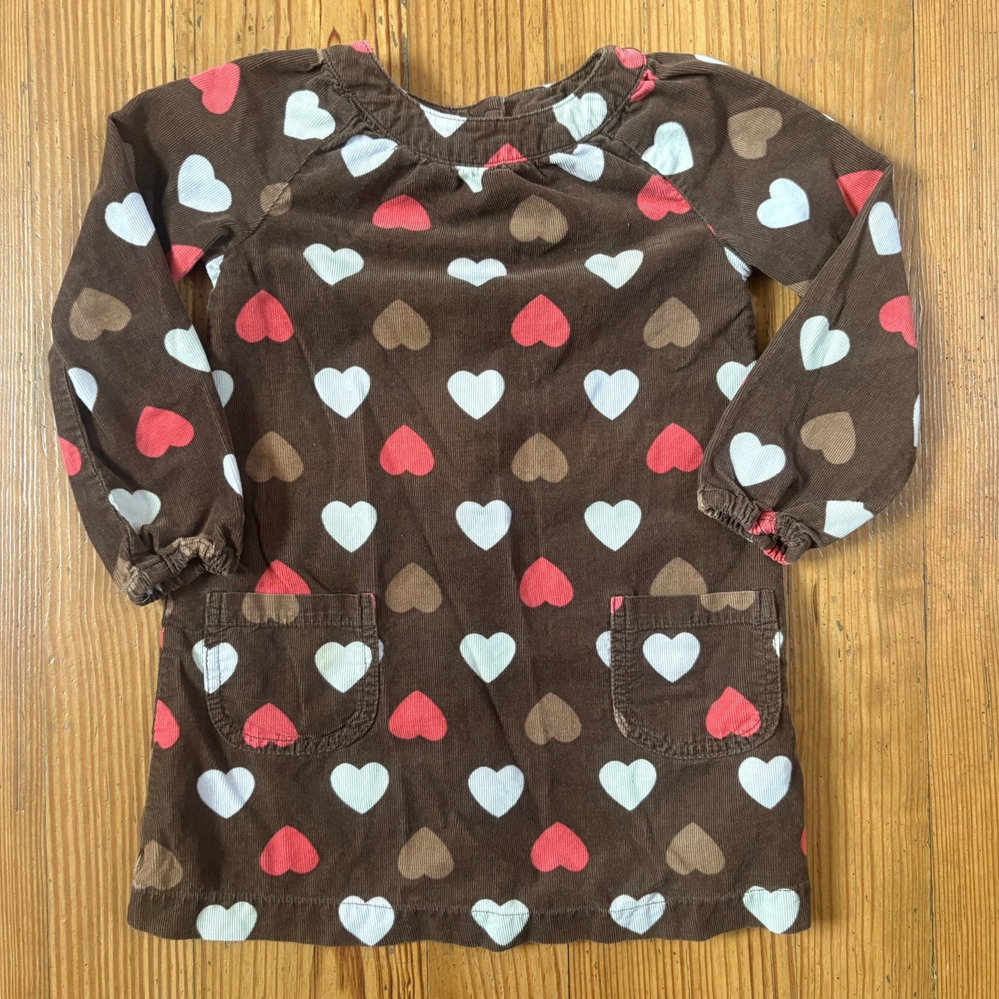 Old Navy 90s brown pink heart corduroy long sleeve dress SIZE 3T