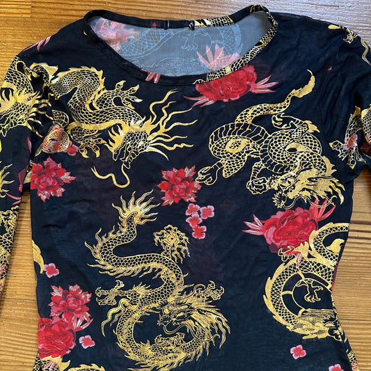 Sheer black gold red Asian long sleeve bodysuit SIZE L