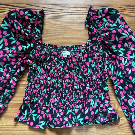 Topshop Cherry Print Smocked Long Sleeve square neck blouse shirt SIZE 8
