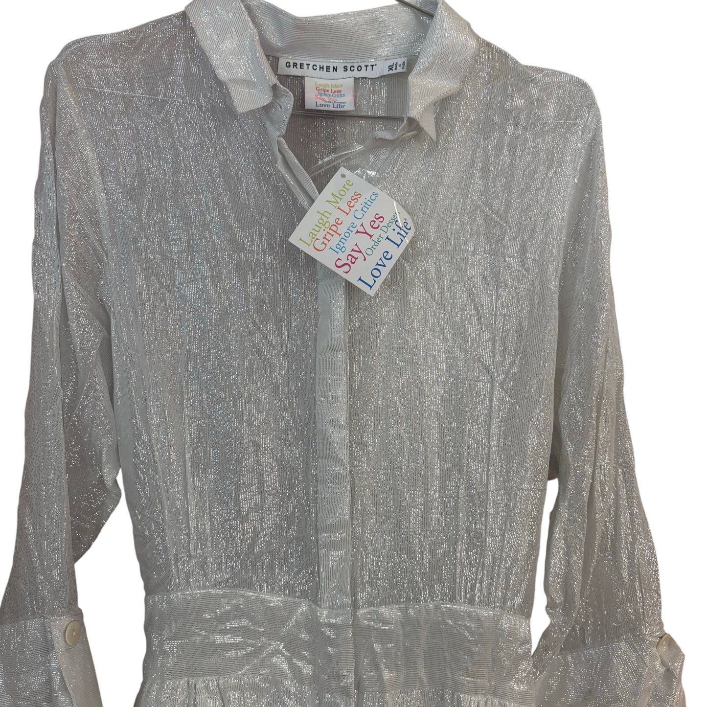 NWT Gretchen Scott silver metallic sheer long sleeve button up SIZE XL