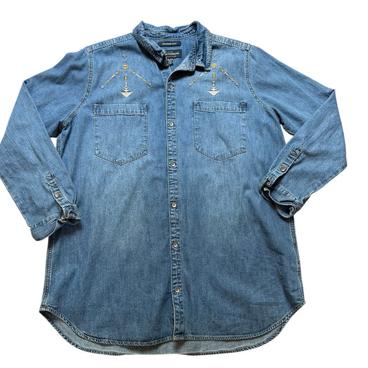 Lucky Brand boyfriend western embroidered long sleeve button up shirt SIZE XL