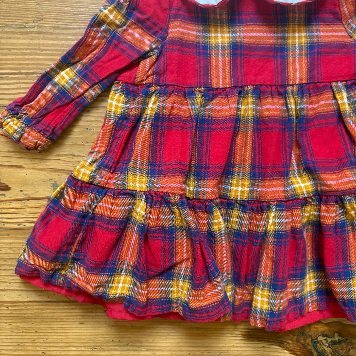Tahari red plaid apple embroidered collar long sleeve baby dress SIZE 3-6M