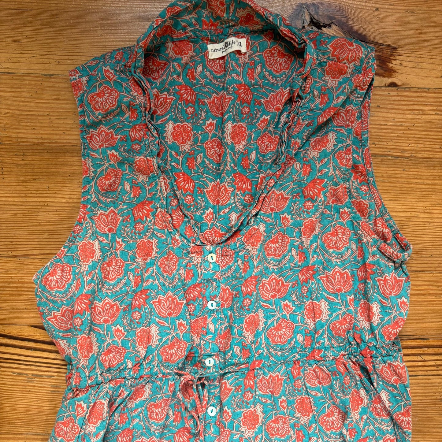 Natural Life green red floral sleeveless tassel button midi dress SIZE XL