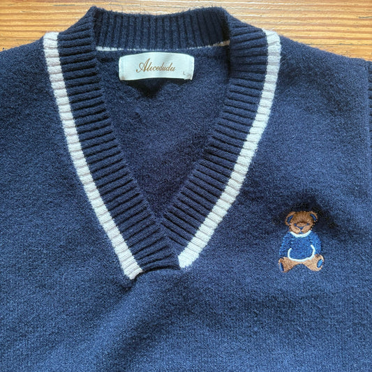 Shein Alicedudu navy blue varsity teddy bear sweater vest SIZE L