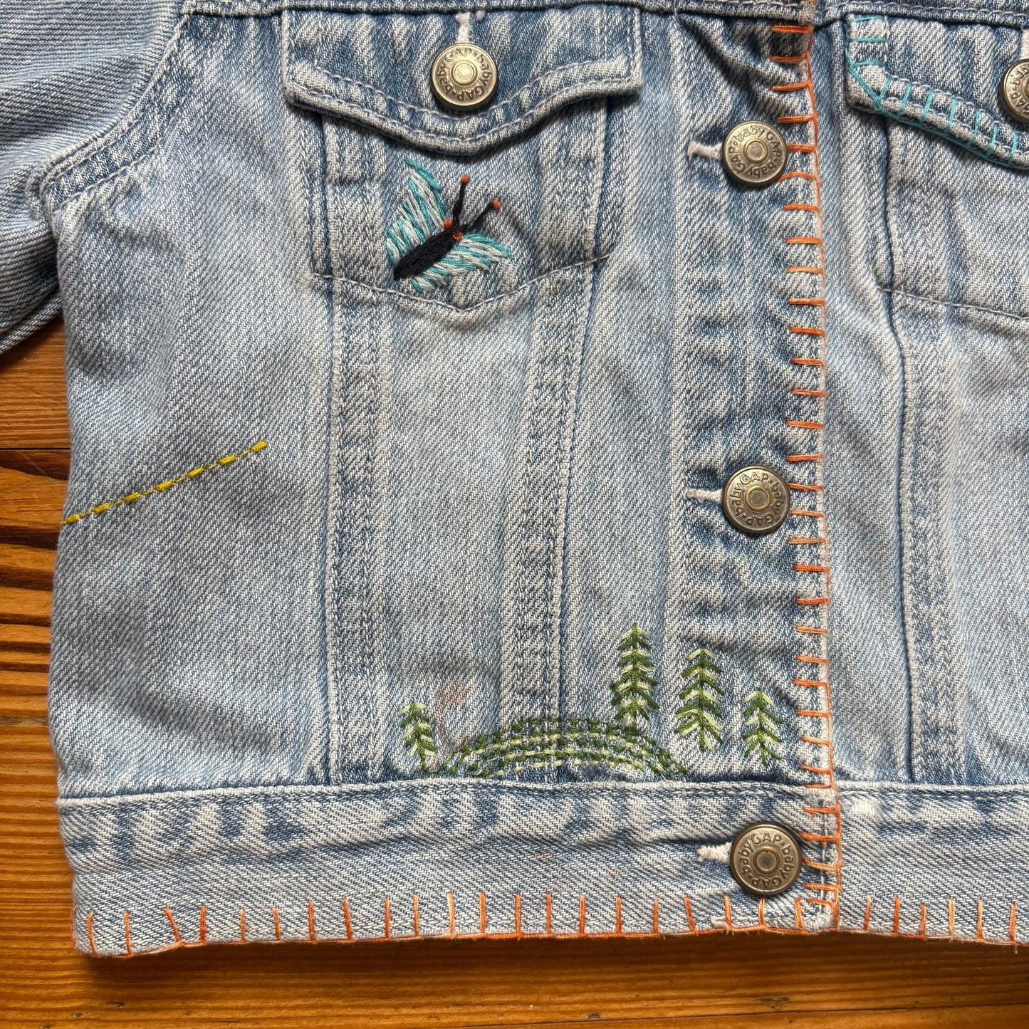 Gap light blue floral rainbow bug embroidered button jean jacket SIZE 12-24M
