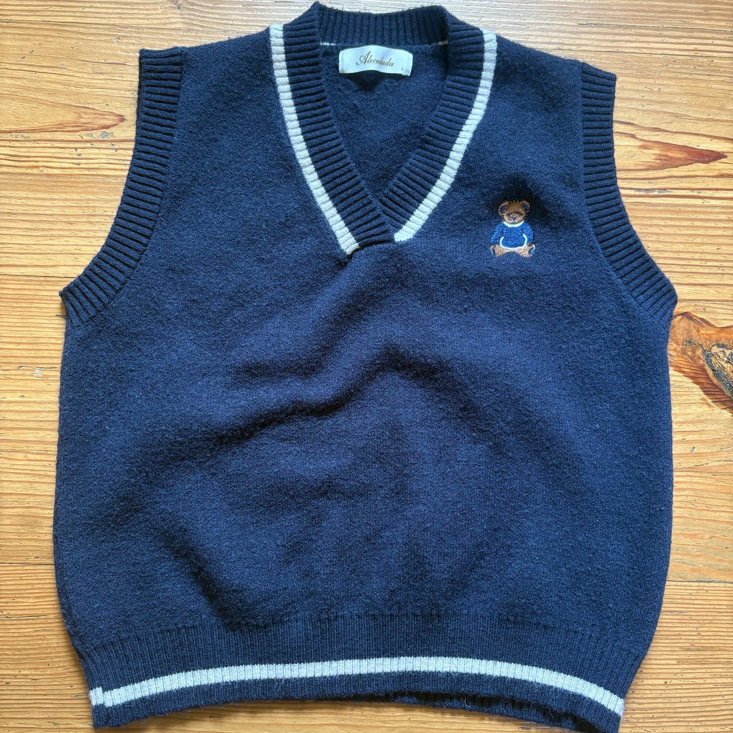 Shein Alicedudu navy blue varsity teddy bear sweater vest SIZE L