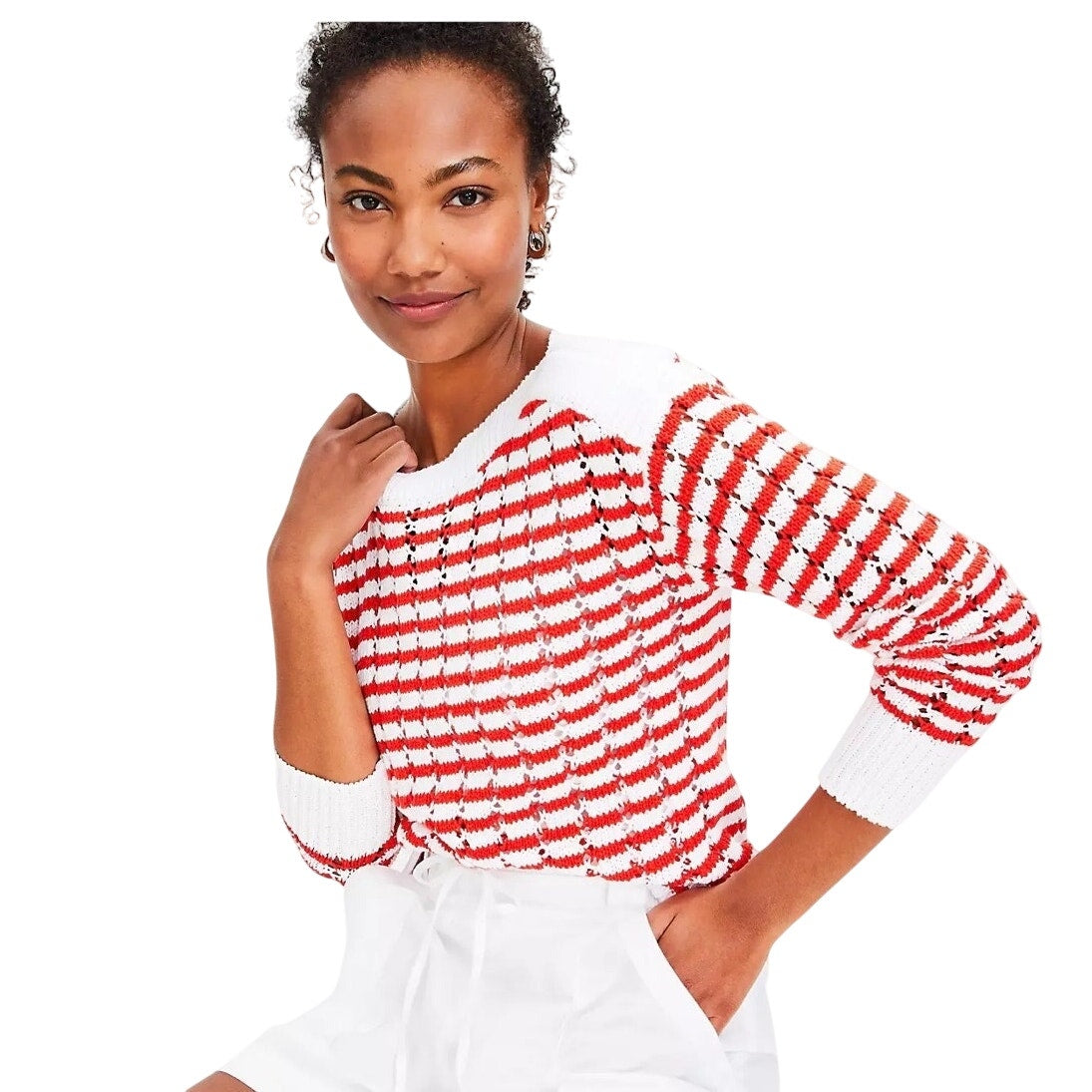 Loft orange white striped loose knit quarter sleeve boat neck sweater SIZE M