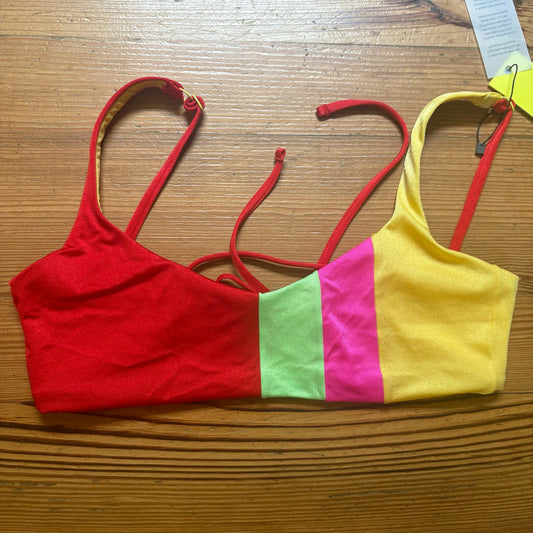 NWT One One red yellow green striped adjustable thong bikini swimsuit SIZE M