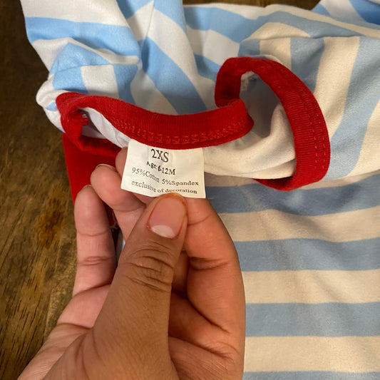 Santa Blue white striped ruffle red long sleeve pant embroidered one piece 6-12M