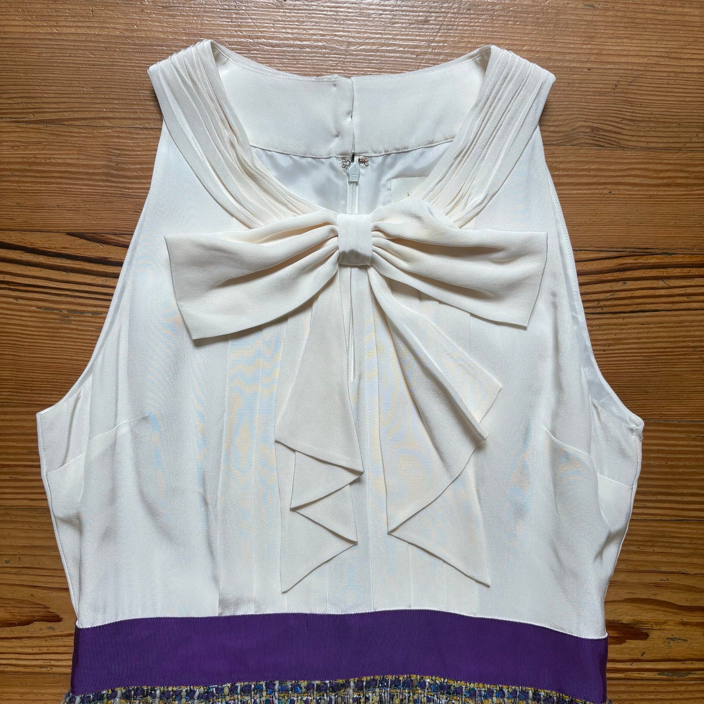 Kate Spade white silk bow purple tweed bottom sleeveless dress SIZE 12