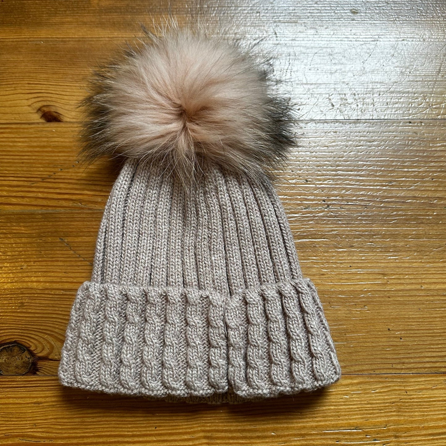 C.C. Couture beige indi pink angora fur pom pom beanie hat OS