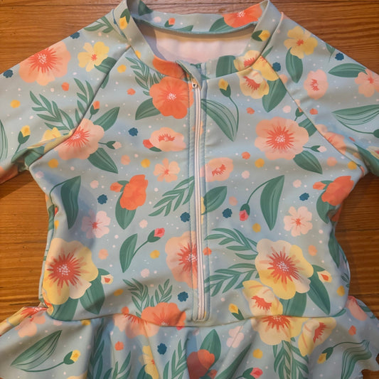 Shein light blue floral raffle rash guard long sleeve swimsuit SIZE 6