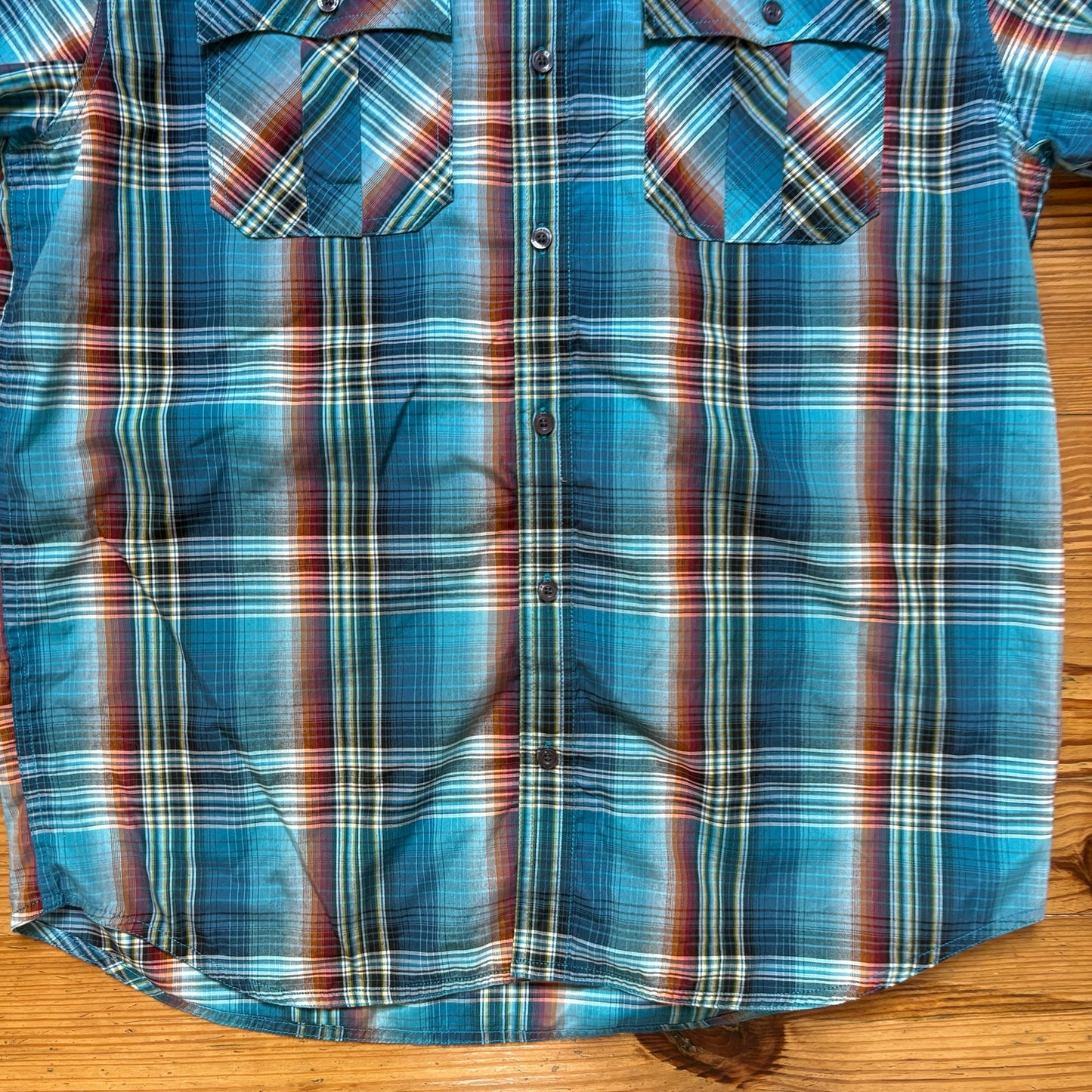 PrAna blue brown plaid short sleeve button up mens shirt SIZE XL
