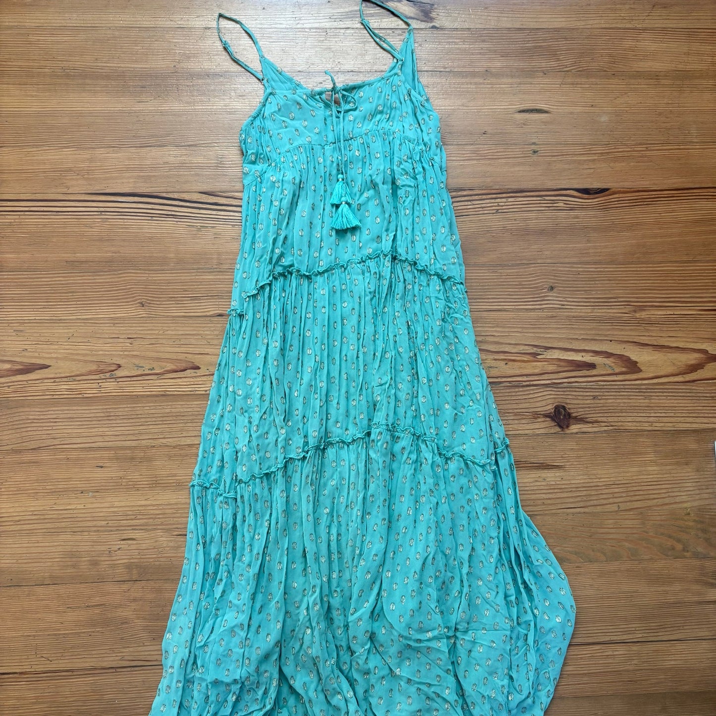 En Creme mint green gold polka dot plunge neckline maxi dress SIZE M