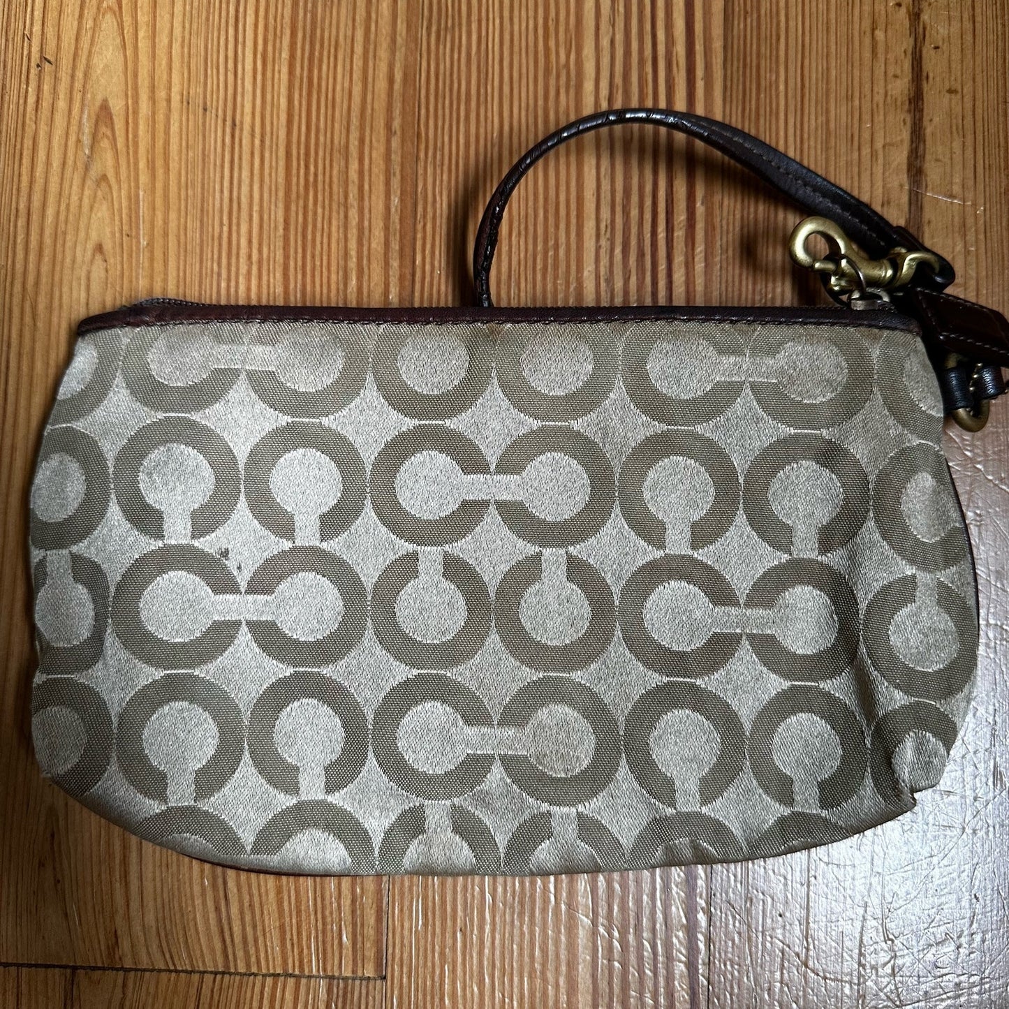 Coach brown leather canvas signature C wristlet