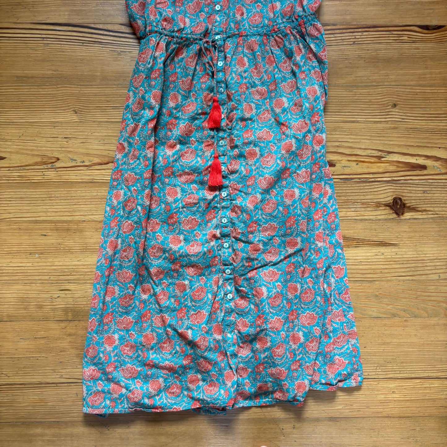 Natural Life green red floral sleeveless tassel button midi dress SIZE XL