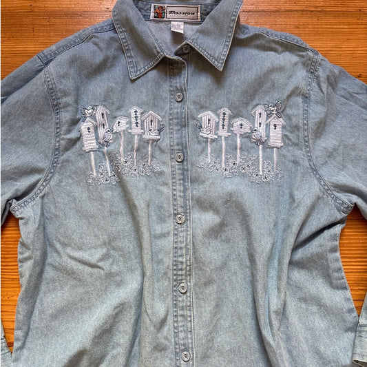 Passion light blue denim birdhouses bird embroidered button up shirt SIZE L