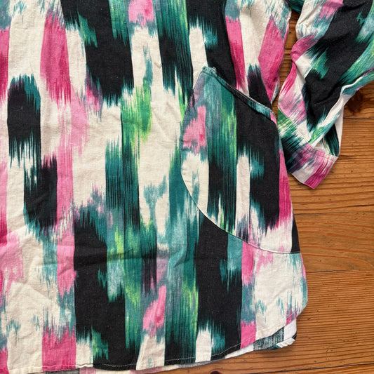 For Cynthia black pink colorful linen blend plunge neckline blouse shirt SIZE 1X