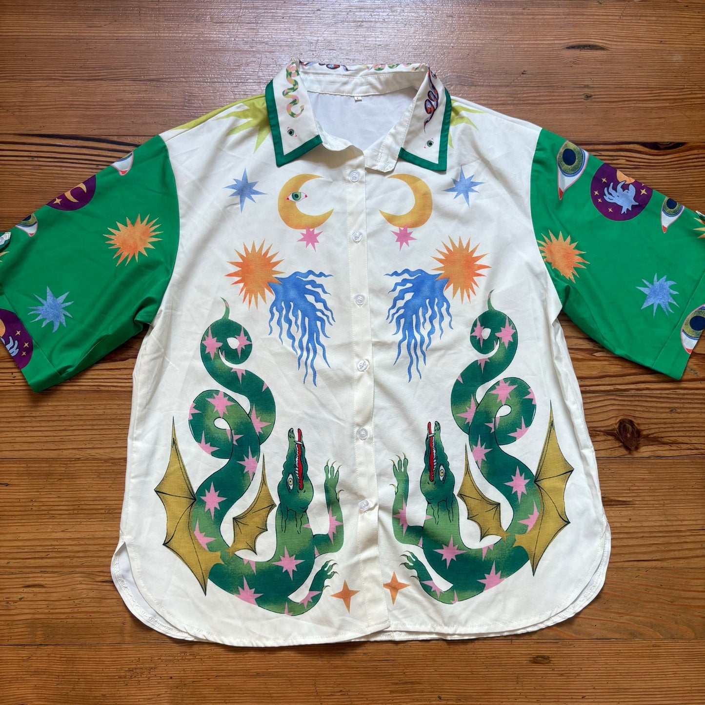 Shein white green dragon sun moon graphic short sleeve button up shirt SIZE L