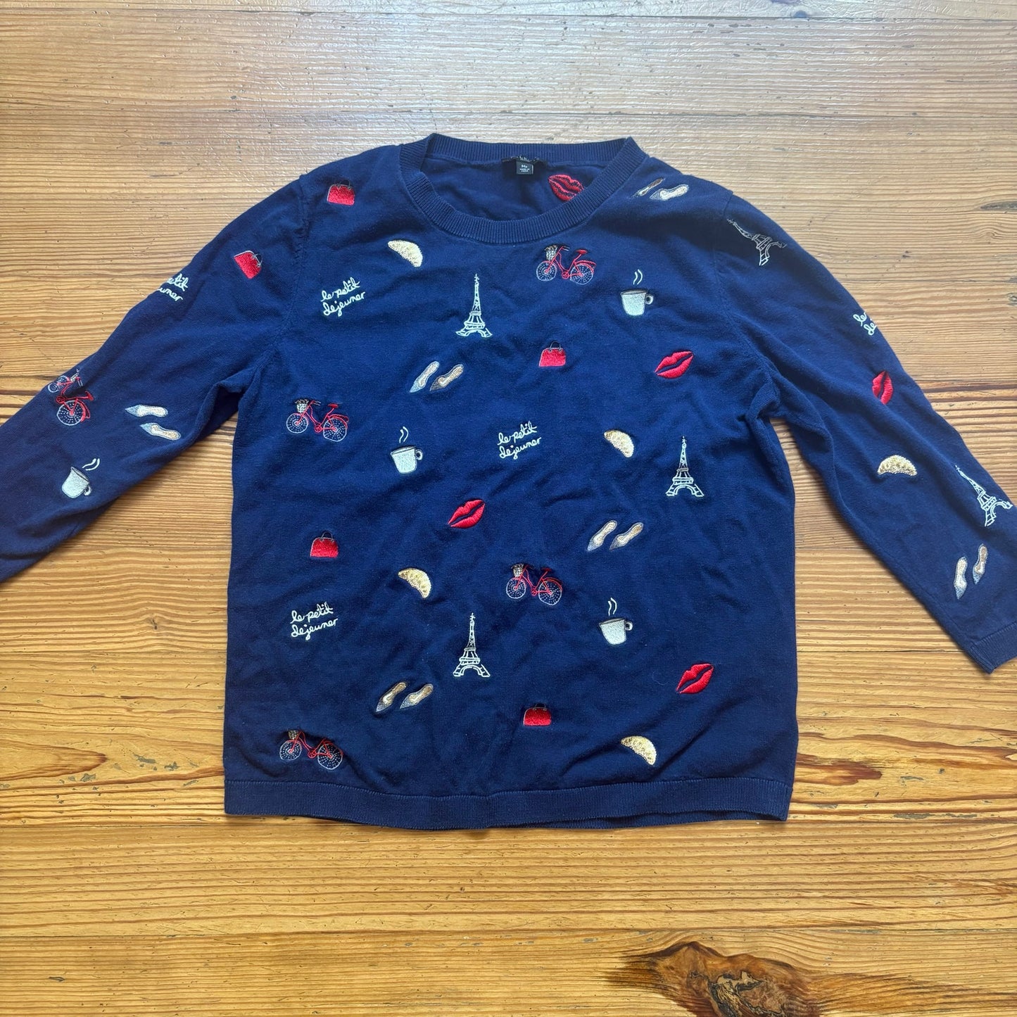 Talbots Paris dark navy blue embroidered crew lightweight sweater SIZE M