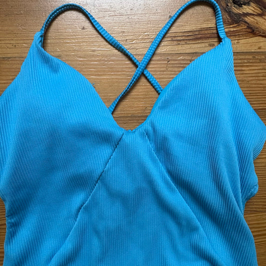 SO aqua blue ribbed lace open back moderate coverage one piece swimsuit SIZE L