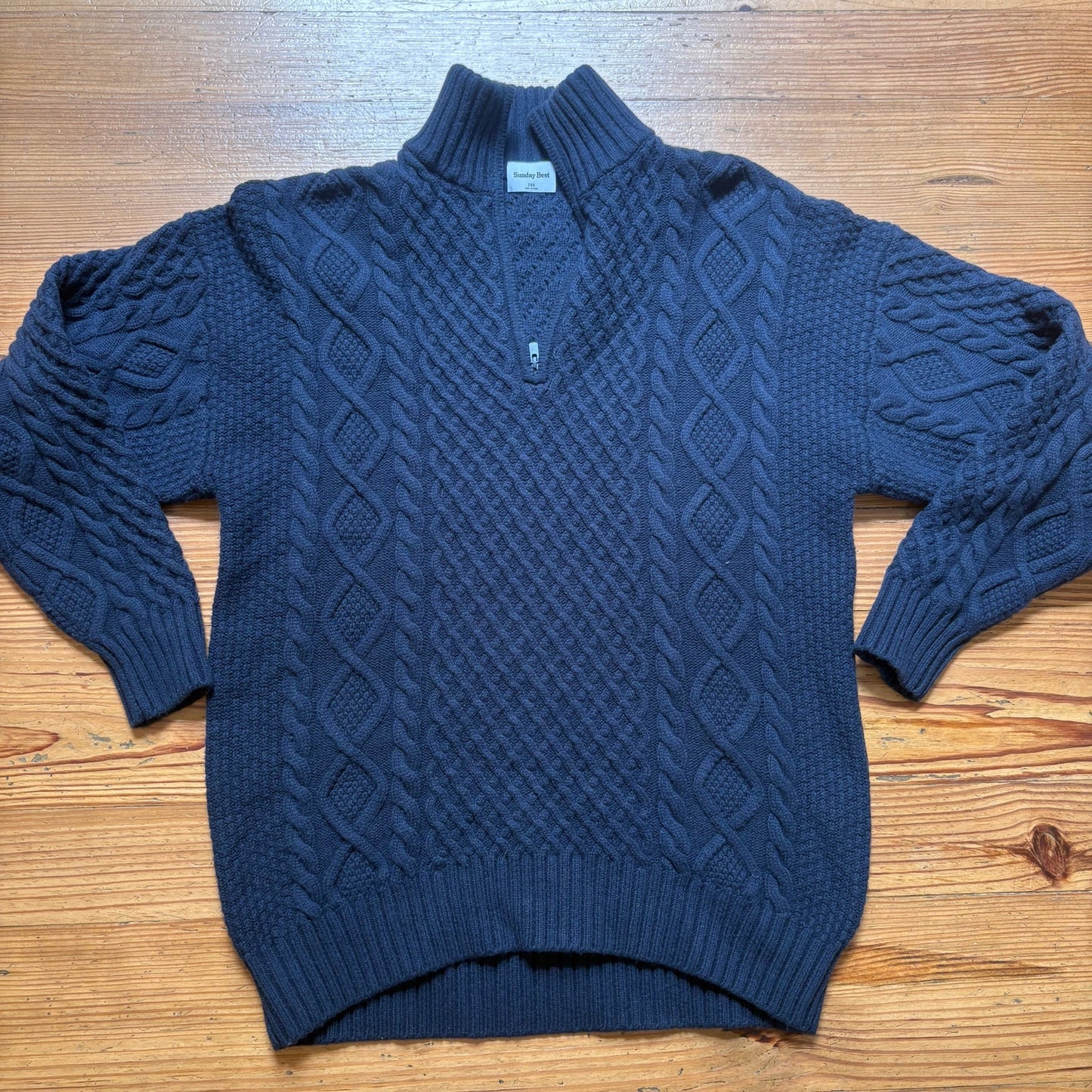 Sunday Best dark blue merino wool quarter zip henley cable knit sweater SIZE XXS