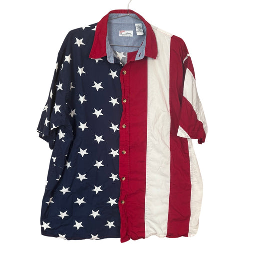 American Summer star stripes short sleeve cotton button up mens shirt SIZE XL