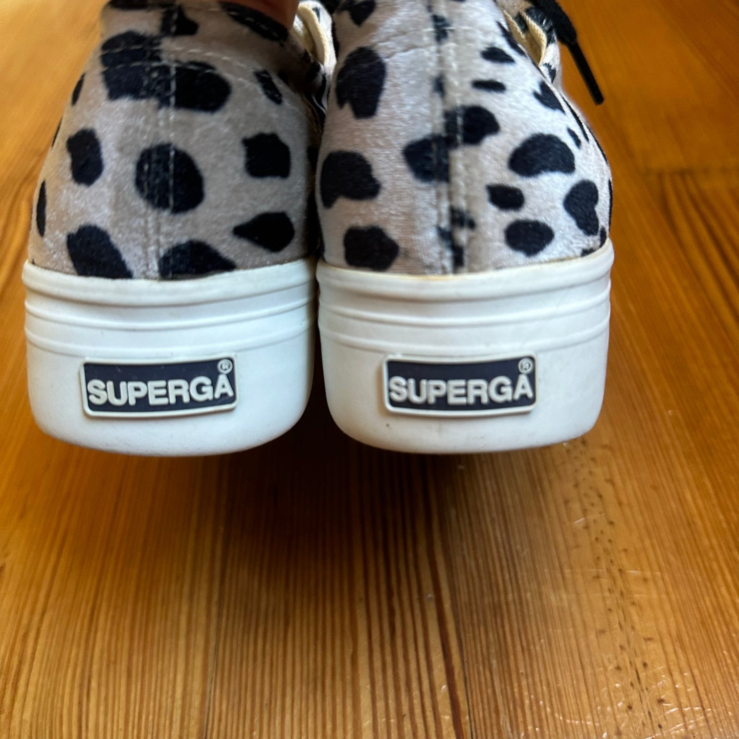 Superga cream black cheetah print velvet platform lace low top sneakers SIZE 7