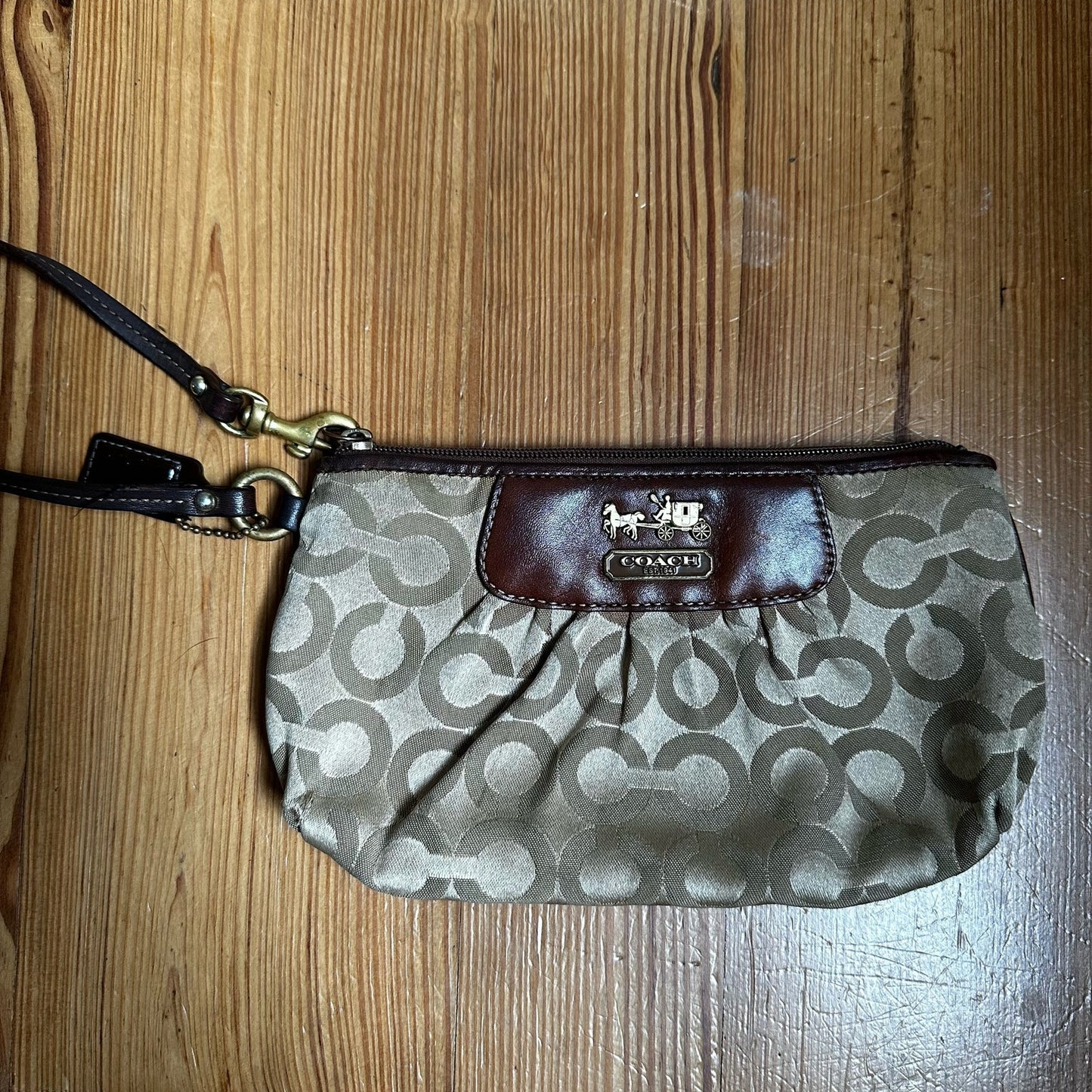 Coach brown leather canvas signature C wristlet