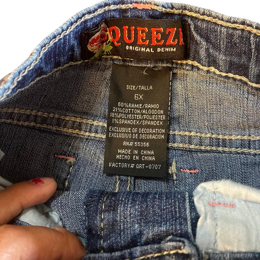 Y2K Squeeze dark wash colorful embroidered heart stars straight leg jeans SIZE 6