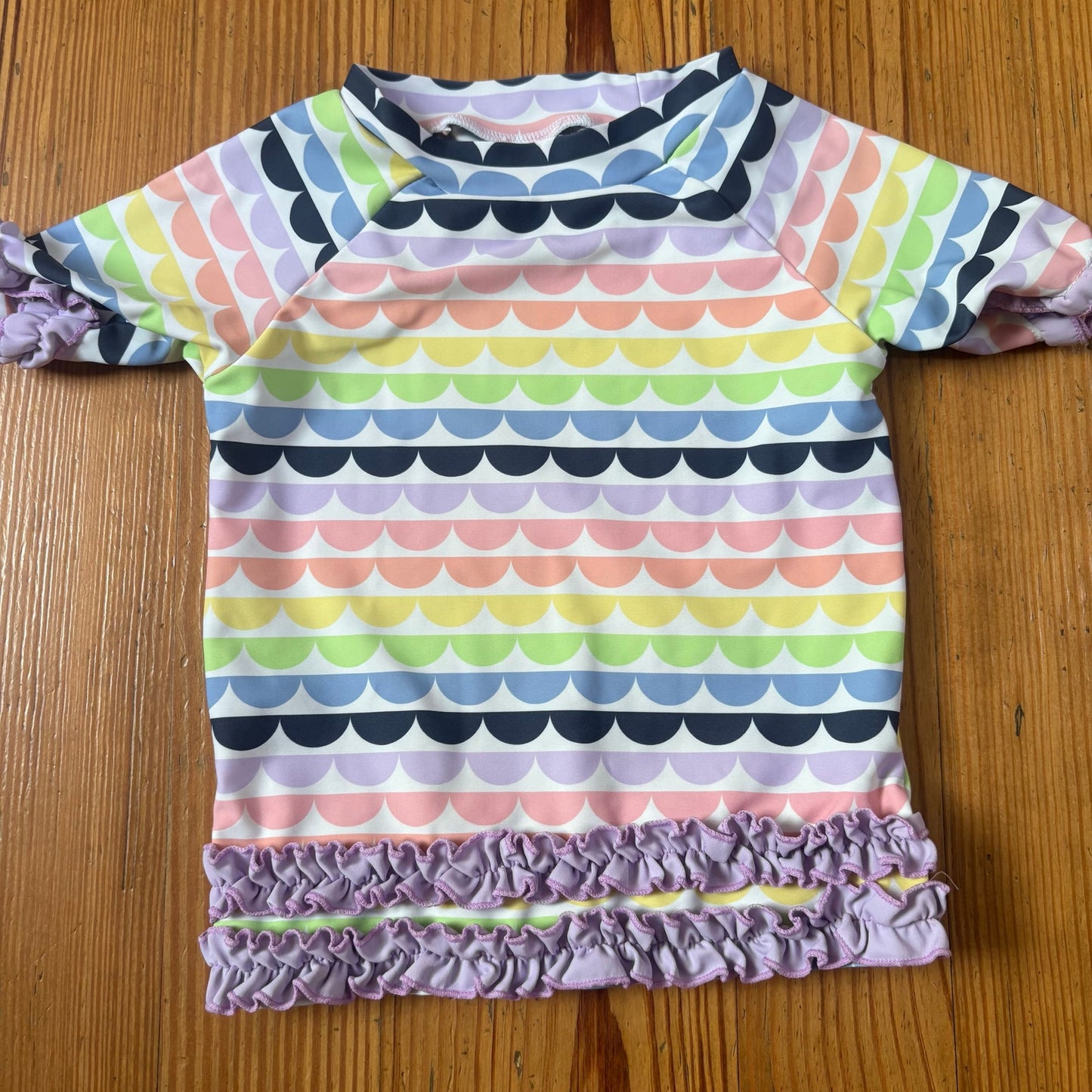 Ruffle Butts colorful scalloped short sleeve ruffle bottom rash guard SIZE 3T