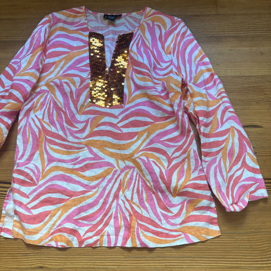 Mercer & Madison orange pink with sequin v neckline linen shirt SIZE L
