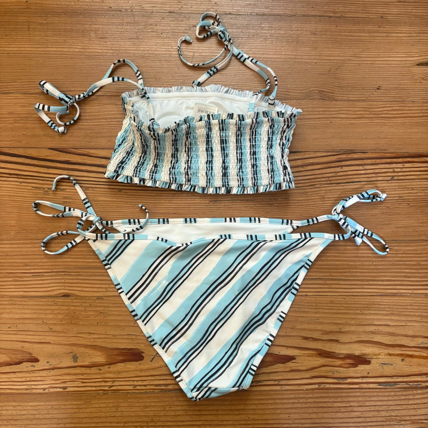 H&M blue black white striped smocked tie top bikini swimsuit SIZE M