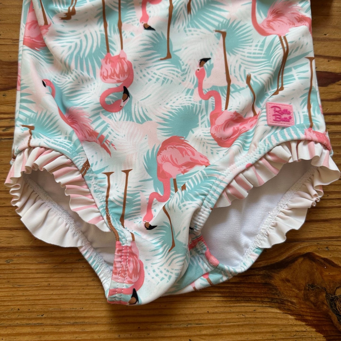 Ruffle Butts pink green flamingo ruffle one shoulder one piece swimsuit SIZE 2T