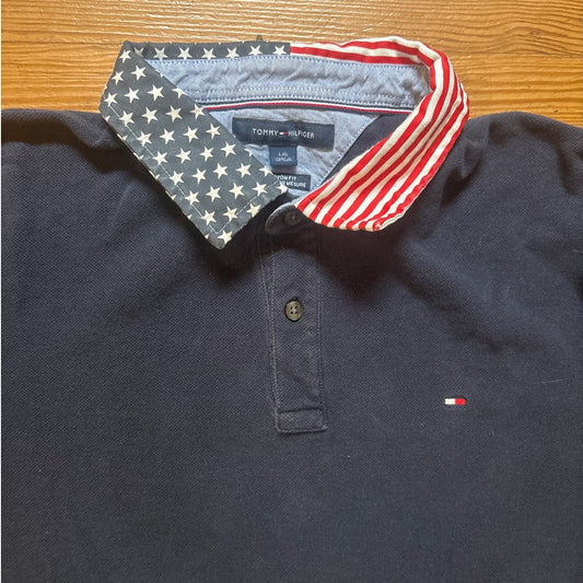 Tommy Hilfiger American flag collar dark navy blue mens short sleeve polo SIZE L