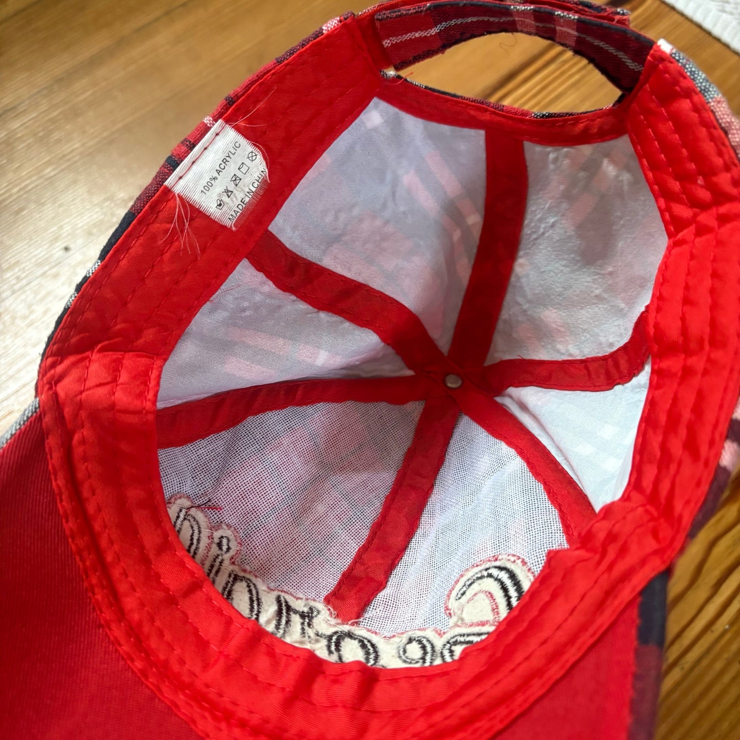 Georgia Bulldogs red black checkered embroidered lettering baseball hat