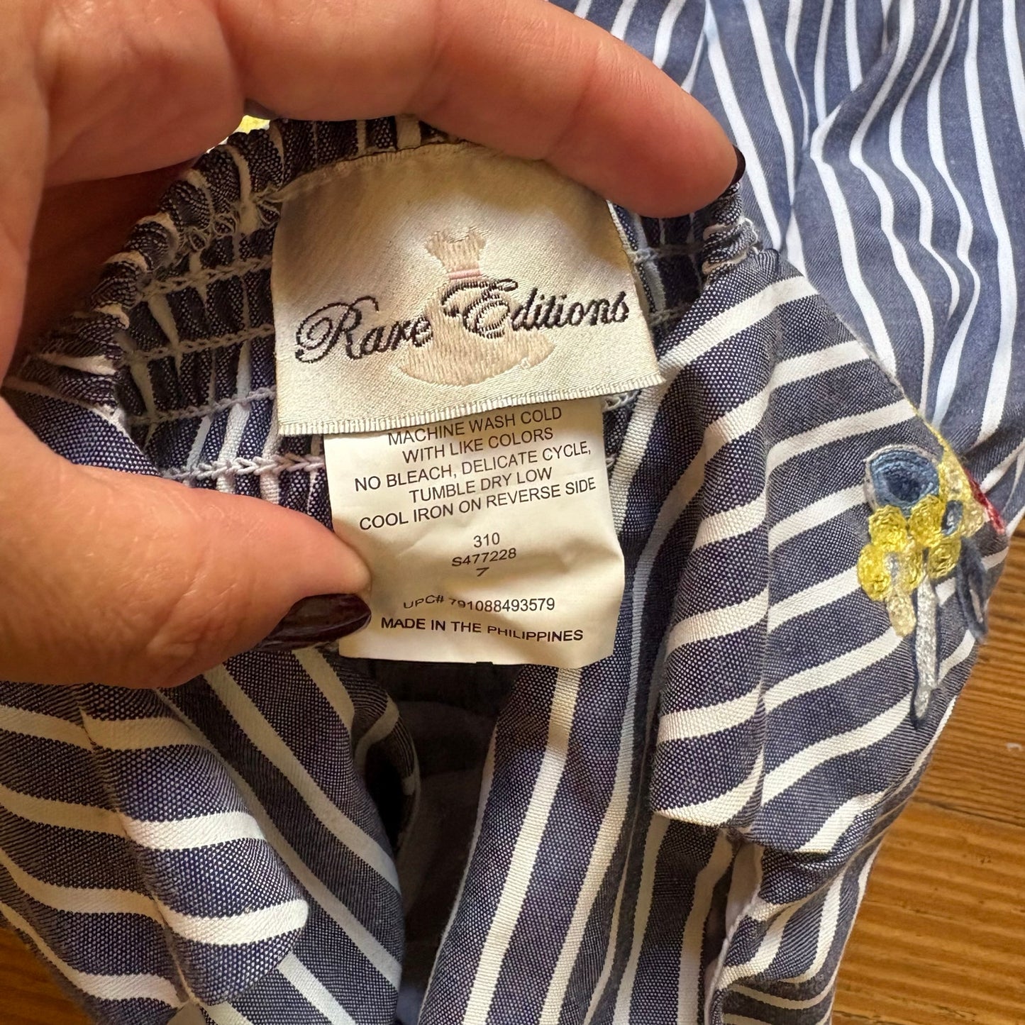 Rare Editions blue white striped embroidered floral tank girls dress SIZE 7