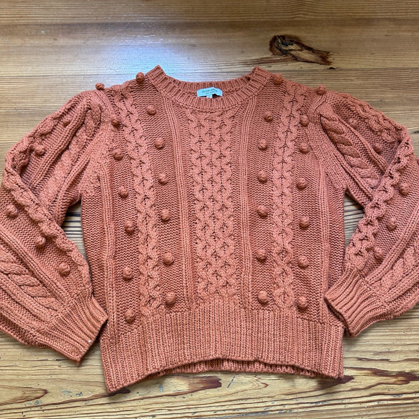 Olivia James The Label burnt orange cable knit pom pom crew sweater SIZE S