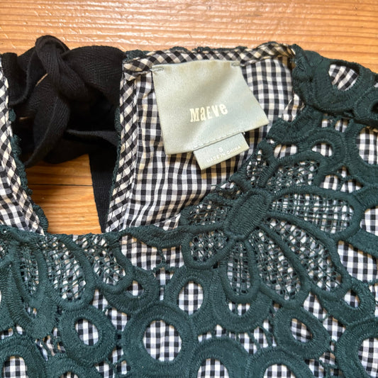 Anthropologie Mauve Gabriella black white gingham lace peplum blouse SIZE S