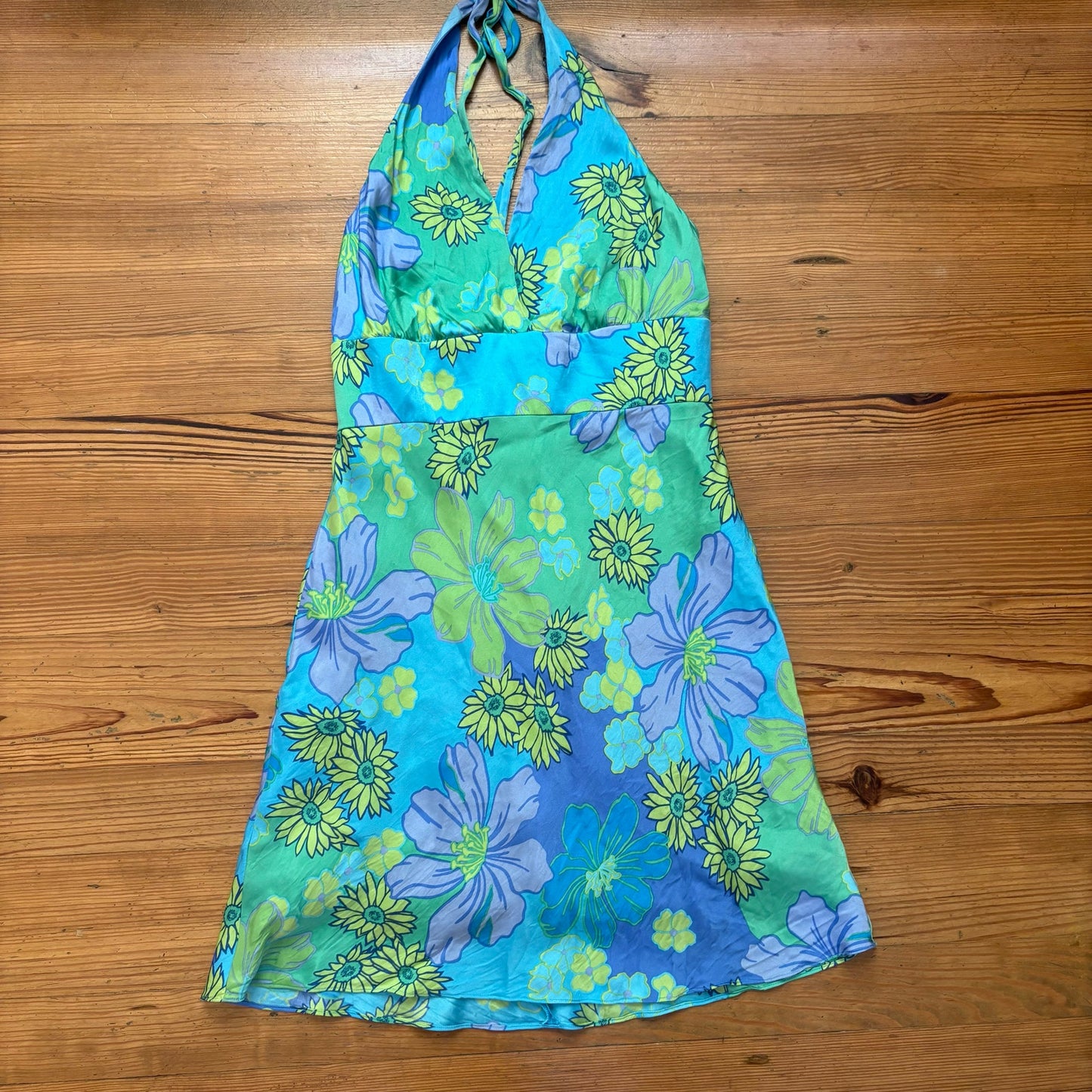 Jones New York y2k green blue floral halter silk midi dress SIZE 14