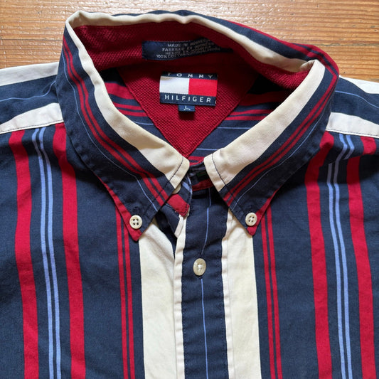 Tommy Hilfiger red white blue striped short sleeve button up shirt SIZE L