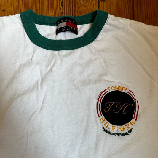 Tommy Hilfiger y2k white green hem t-shirt SIZE XL