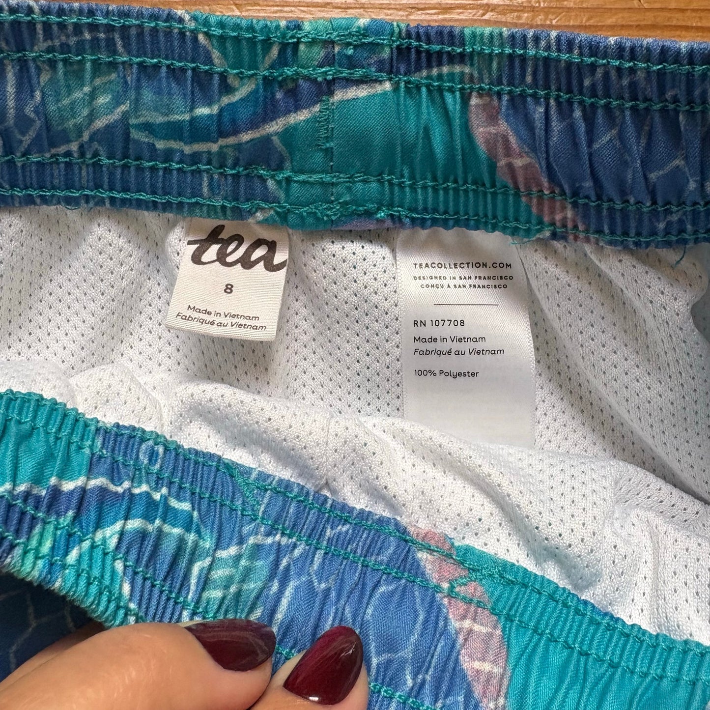 Tea blue teal fish drawstring lined boys swimsuit swim trunks SIZE 8