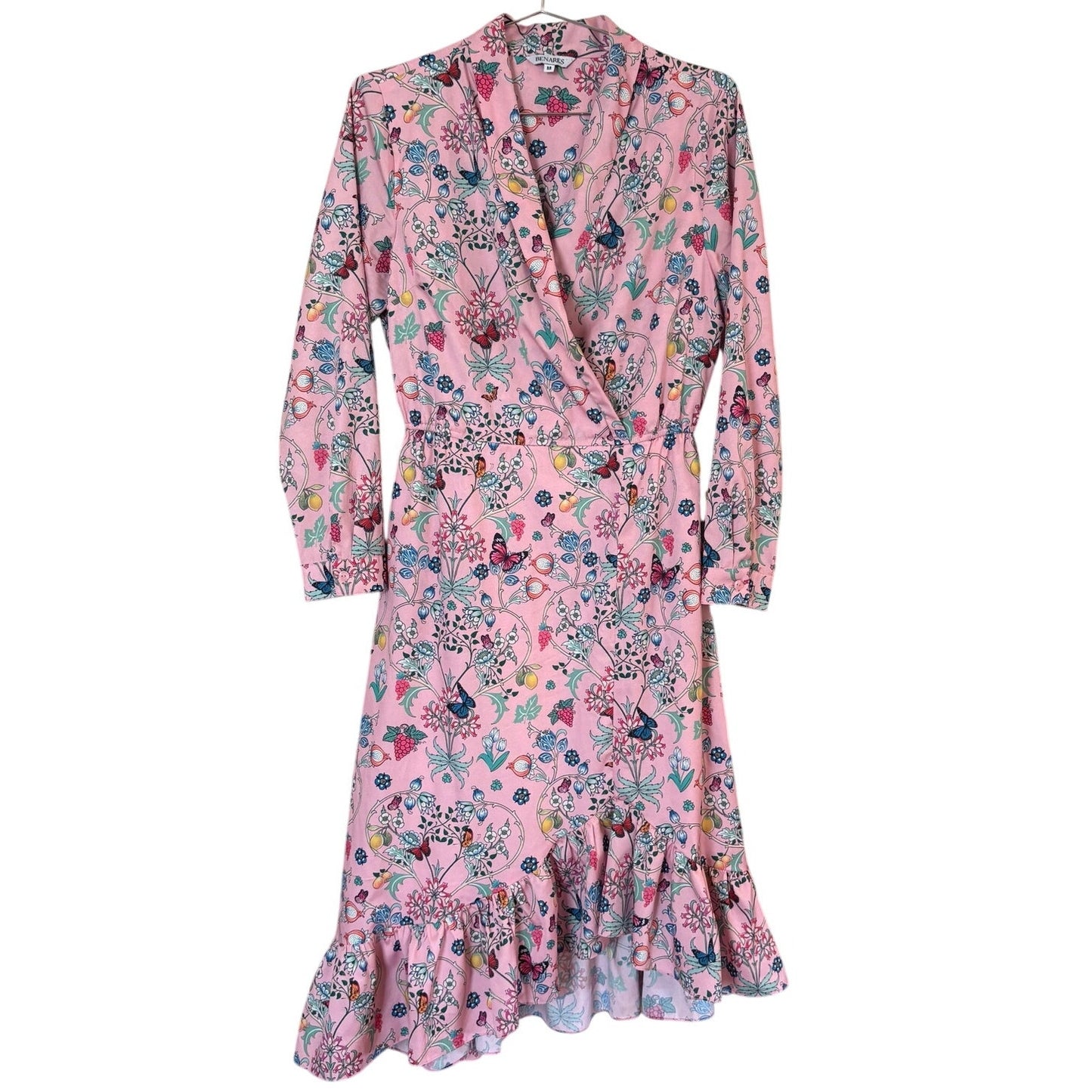 Benares pink floral long sleeve ruffle asymmetrical midi dress SIZE M